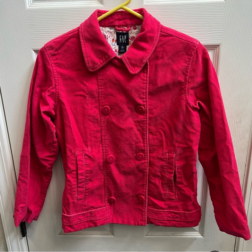 GAP Kids Girls Corduroy Jacket Coat Dark Pink Double Breasted Lined Size XL (12)